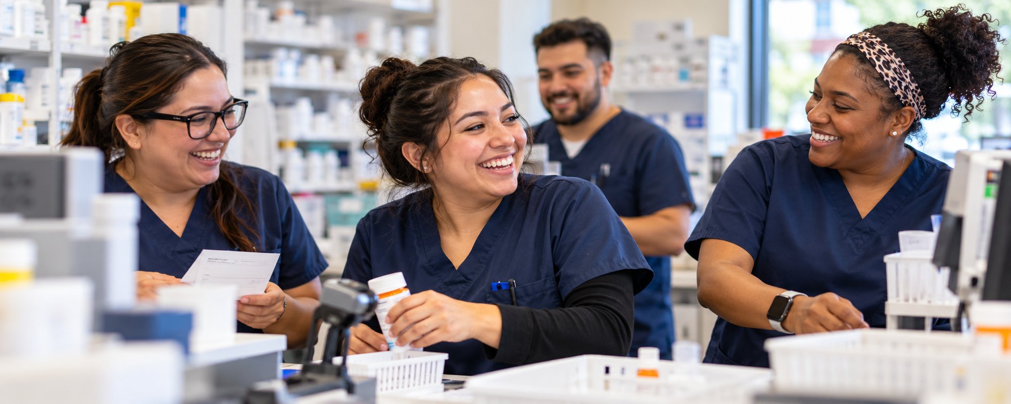 Four smiling pharmacy technicians in navy scrubs laughing together at a pharmacy counter